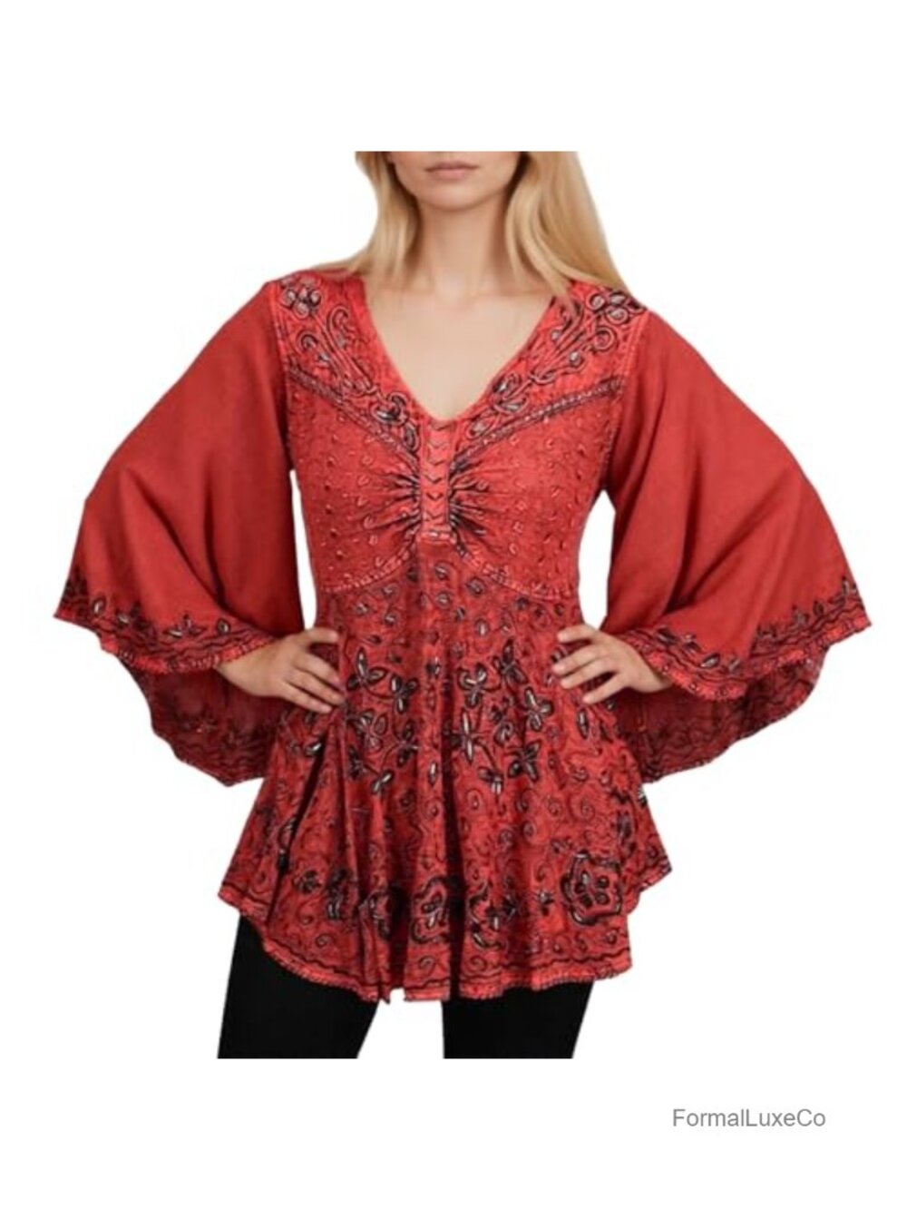 Boho V-Neck Tunic Bell Sleeve Blouse for Women - Floral Embroidered Long Sleeve